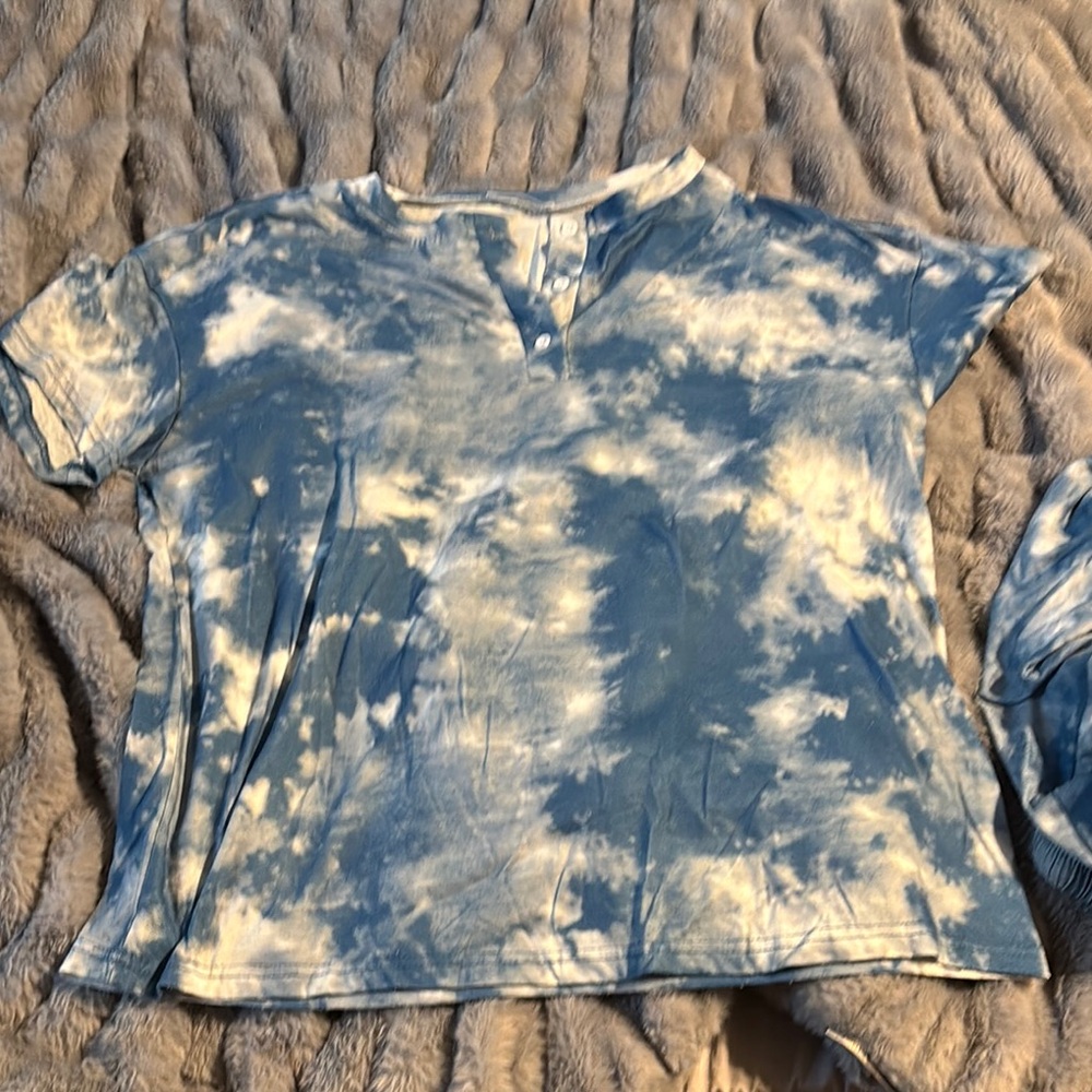 Blue and White Tie-Dye Henley Pajama Set